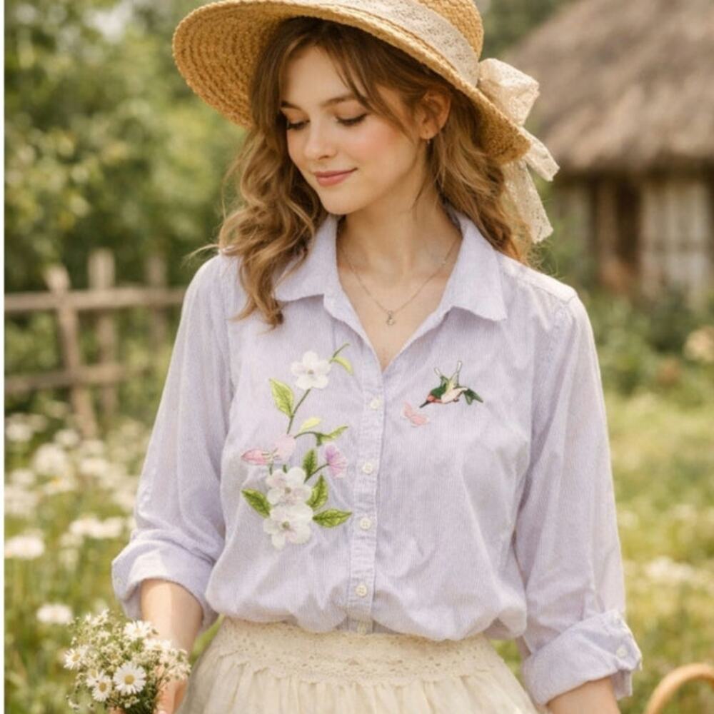 Vintage Hana Hummingbird Button-Up Shirt Women's Size XL Embroidered Nature